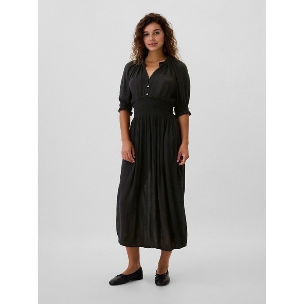 Gap‎ Smocked Splitneck Midi Dress Crinkle Buttons Black Minimalist Sz Sm